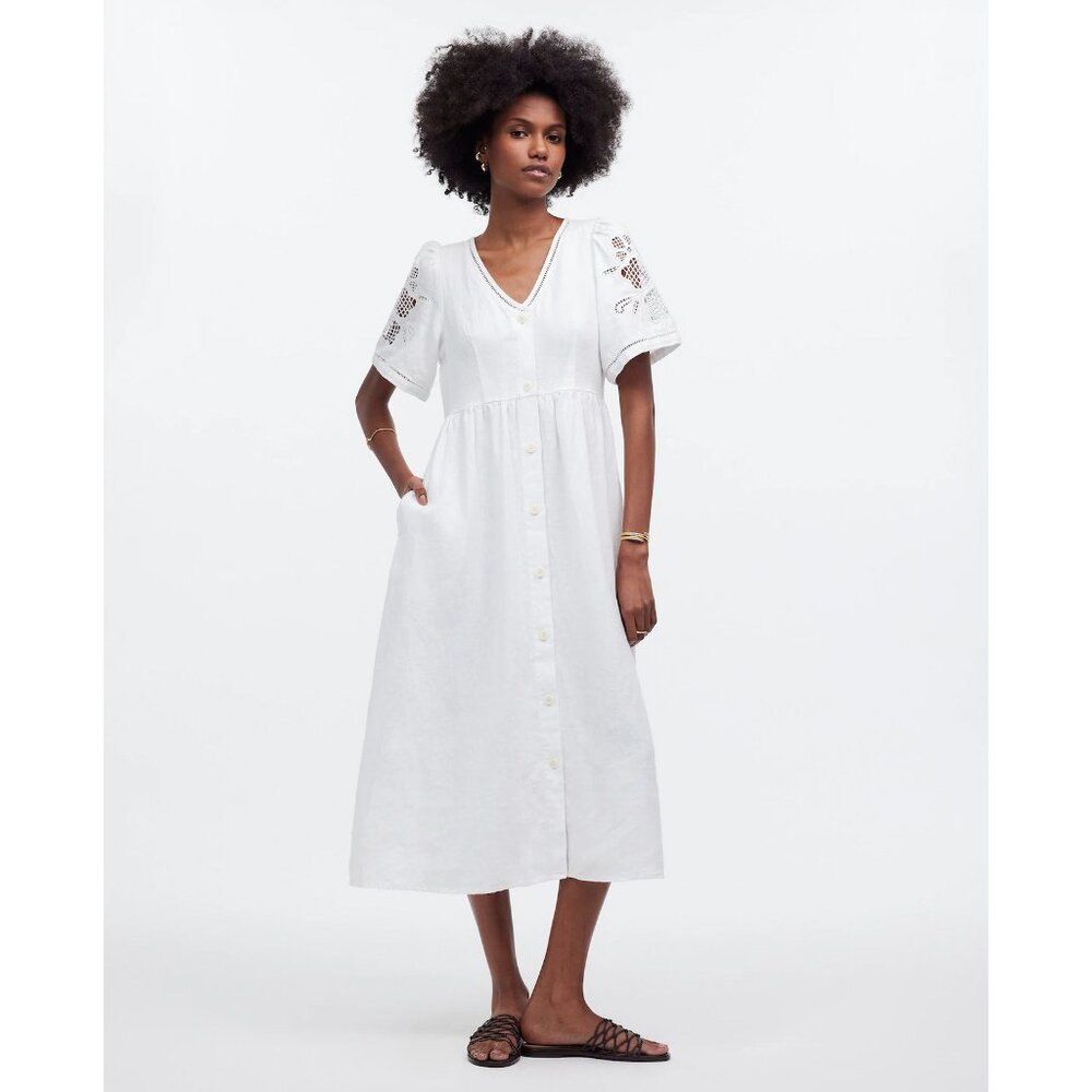 Madewell Cassie Linen Button-Front Midi Dress White | XL Tailored to M